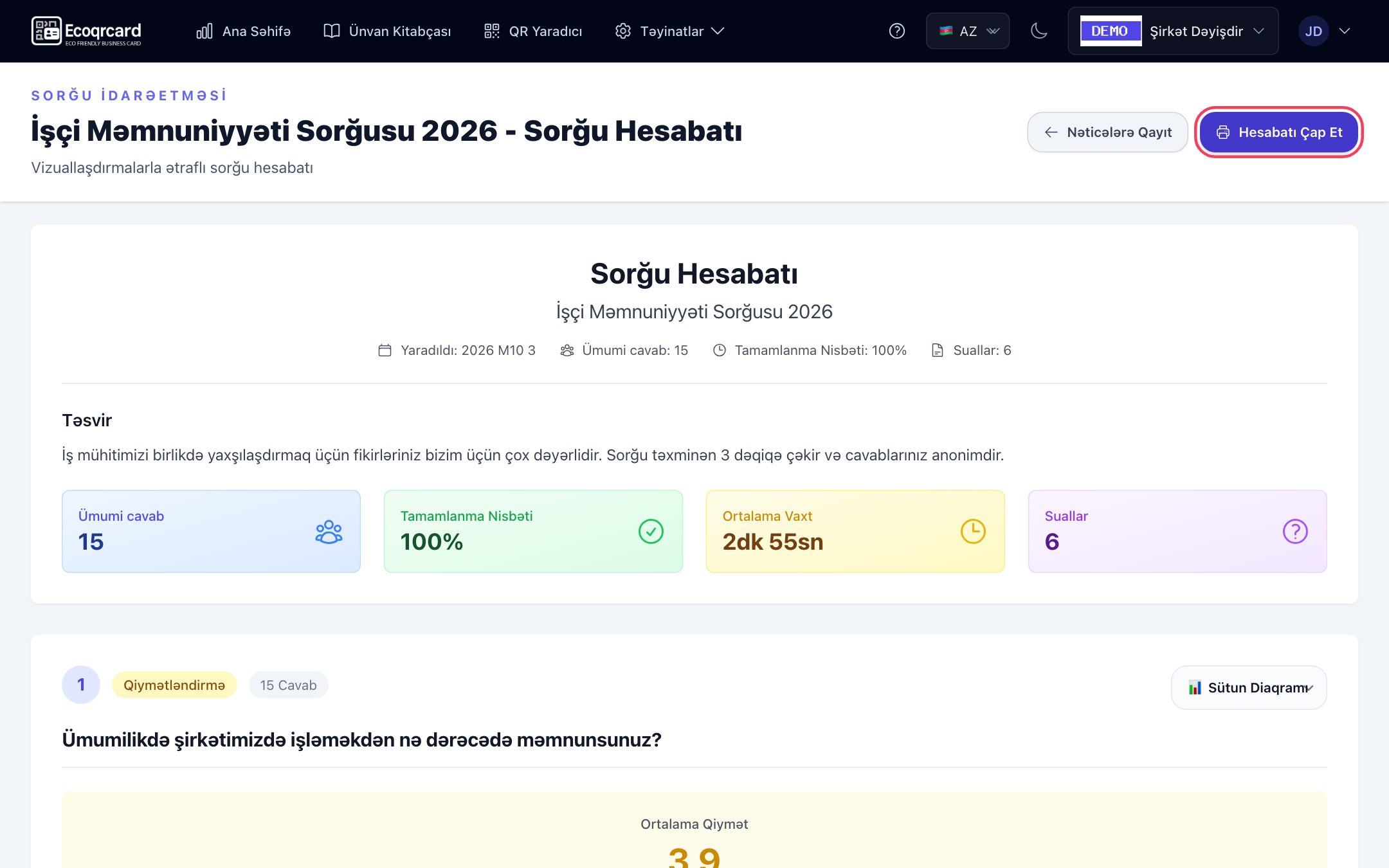 Sorğu Hesabatı səhifəsi: sorğunun xülasəsi və sualların qrafikləri, sağ yuxarıda Hesabatı Çap Et düyməsi