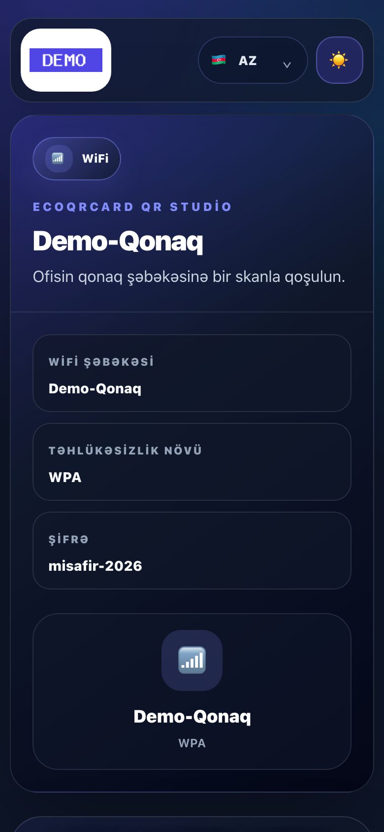Wi-Fi QR səhifəsi: şəbəkə adı, təhlükəsizlik növü və şifrə