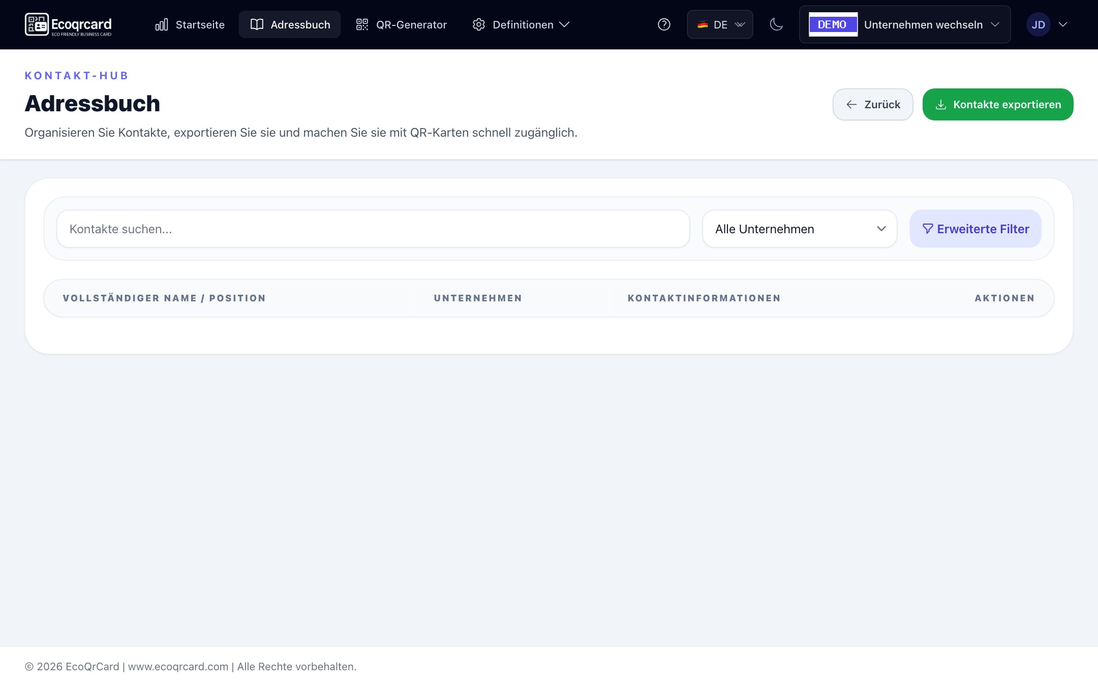 Bereich Erweiterte Filter: Abteilungsfilter ausgewählt, Tag des aktiven Filters und gefilterte Kontaktliste