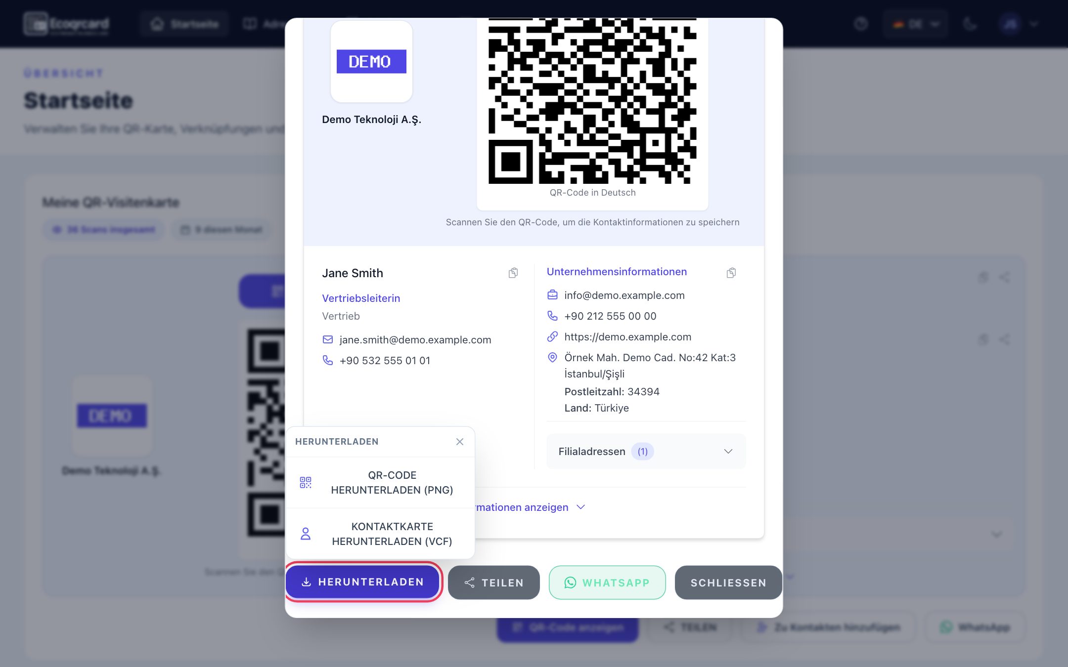 Fenster „QR-Code anzeigen“ auf der Startseite: QR-Code und Angaben der Person, Download-Menü sowie Schaltflächen TEILEN und WhatsApp