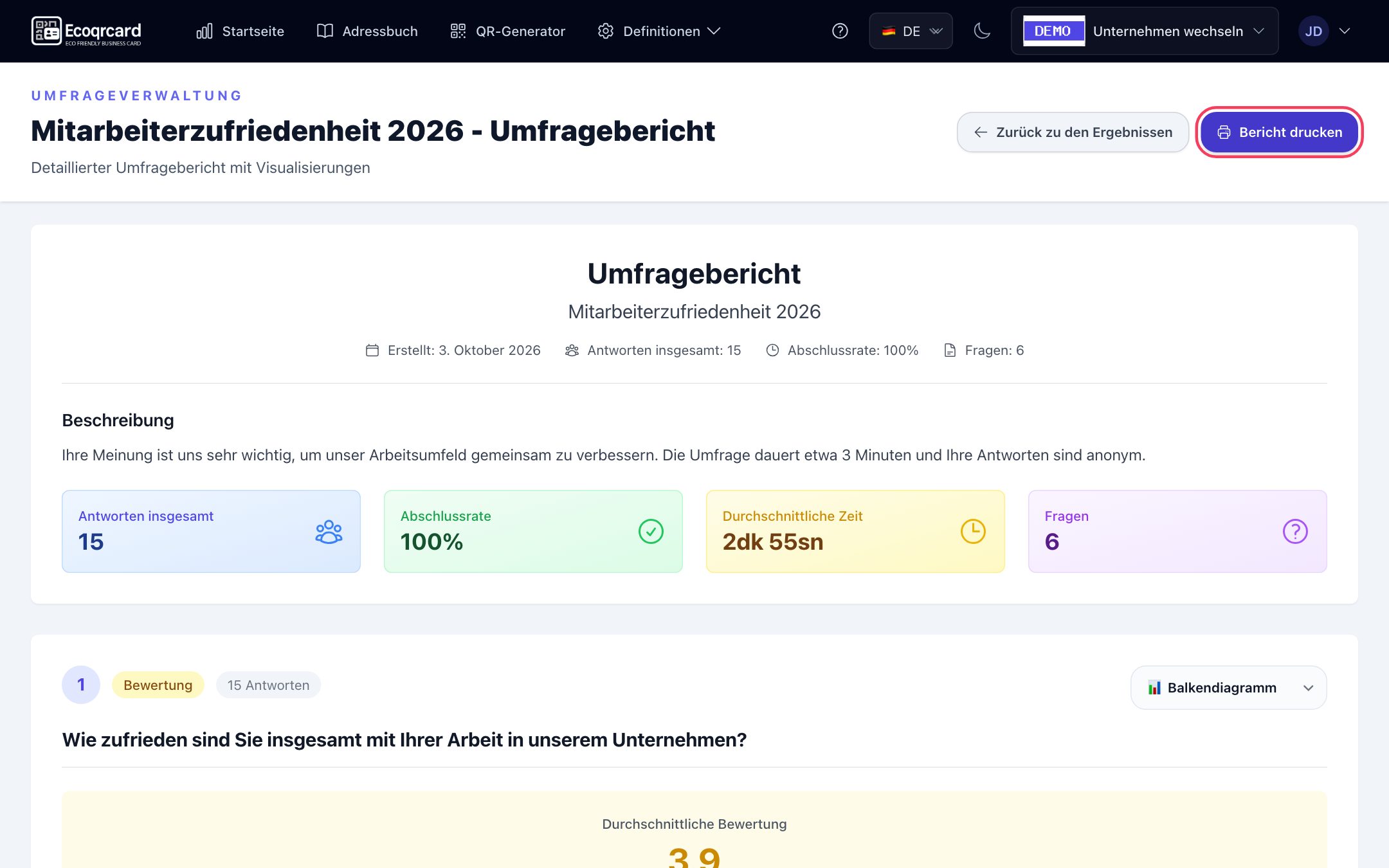 Seite Umfragebericht: Übersicht der Umfrage und Diagramme der Fragen, oben rechts die Schaltfläche Bericht drucken