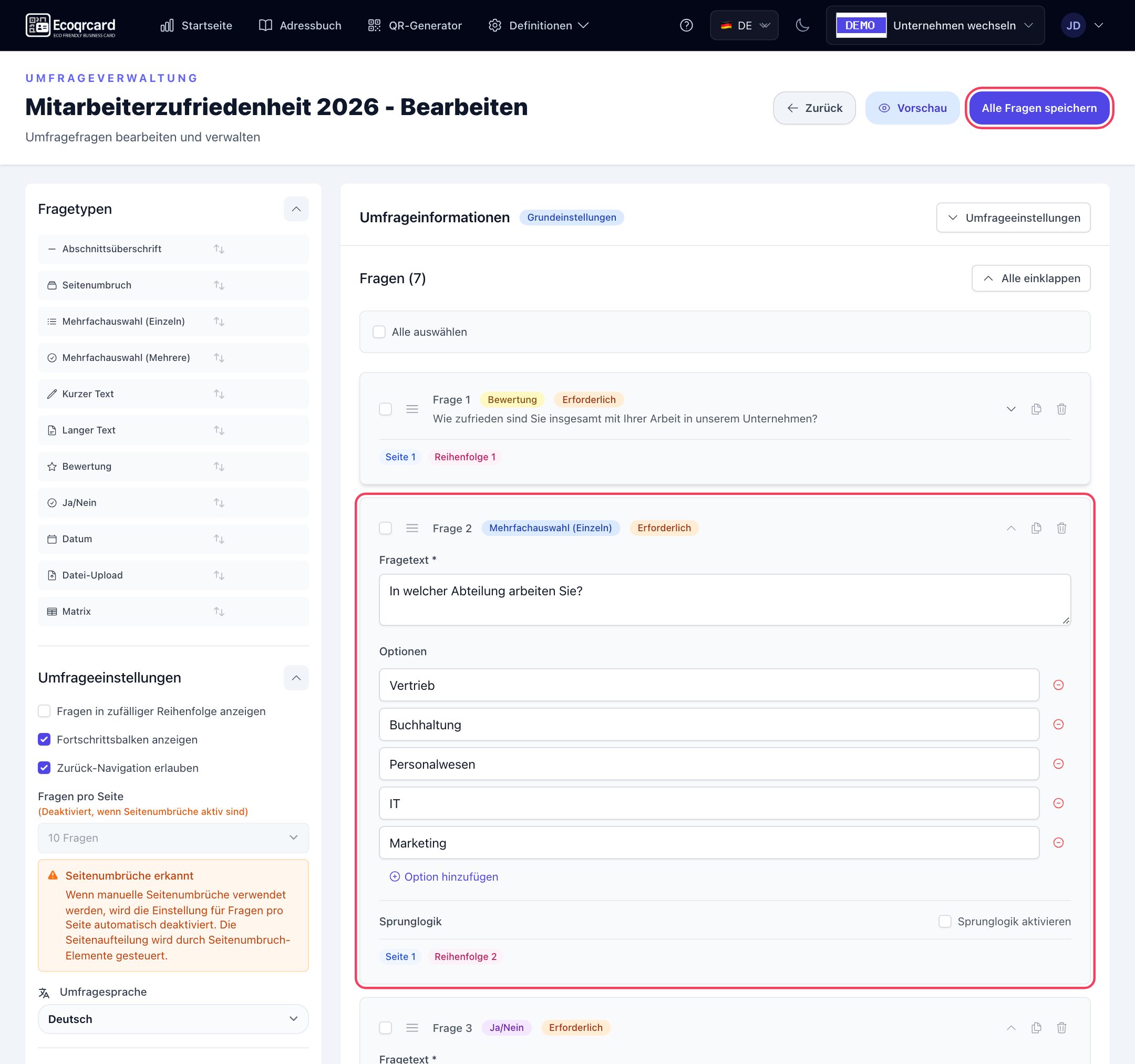 Fragen-Editor: links Fragetypen und Umfrageeinstellungen, rechts eine geöffnete Multiple-Choice-Fragekarte