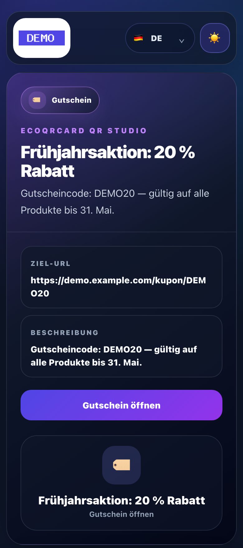 QR-Seite eines Aktionsgutscheins