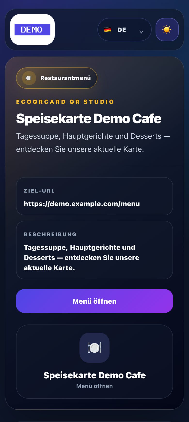 QR-Seite einer Speisekarte