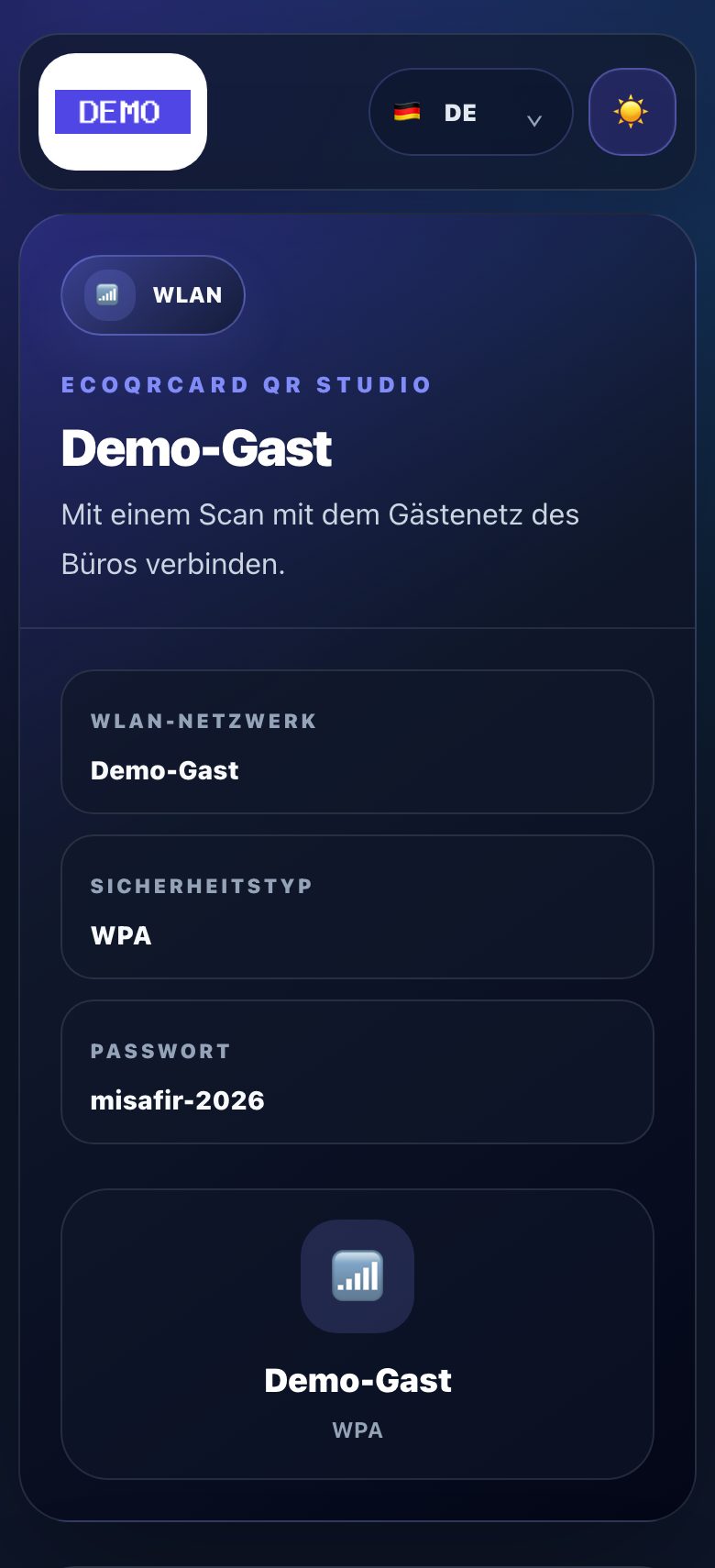 WLAN-QR-Seite: Netzwerkname, Verschlüsselung und Passwort