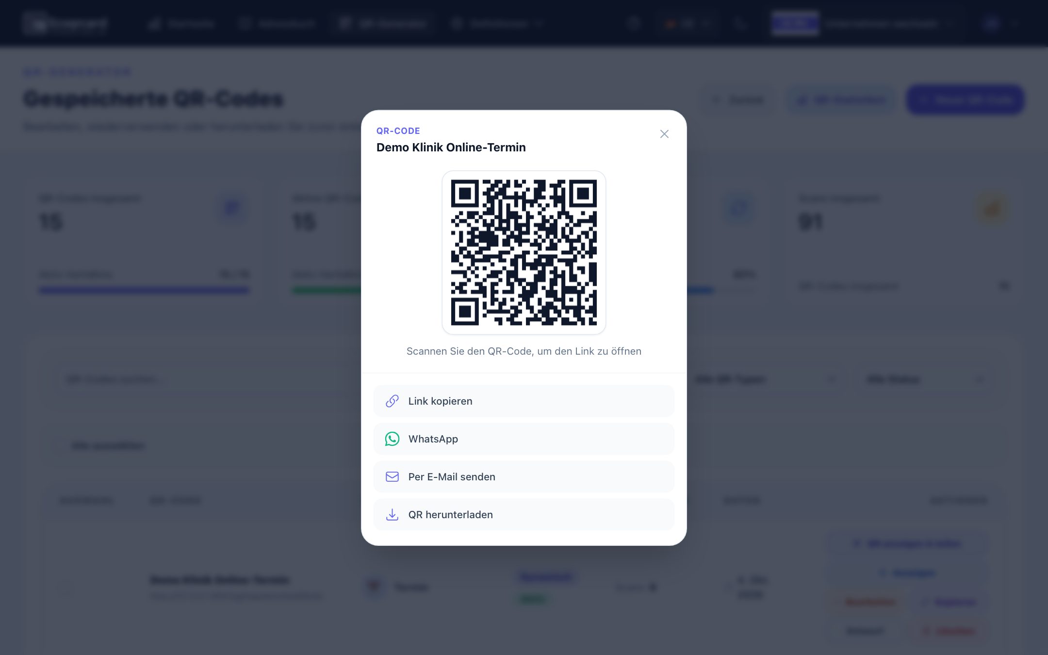 Fenster „QR anzeigen & teilen“: QR-Bild sowie Optionen Link kopieren, WhatsApp, Per E-Mail senden und QR herunterladen