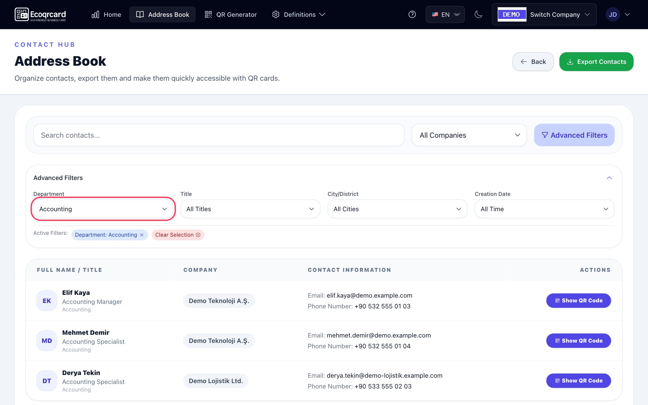 Advanced filters panel: Department filter selected, active filter tag and the filtered contact list