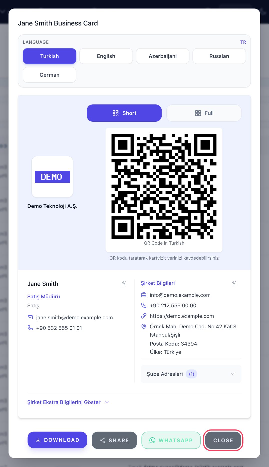 Business card window opened from the address book: language selection, Short/Full buttons, QR code, personal and company details, Download, SHARE and WhatsApp buttons