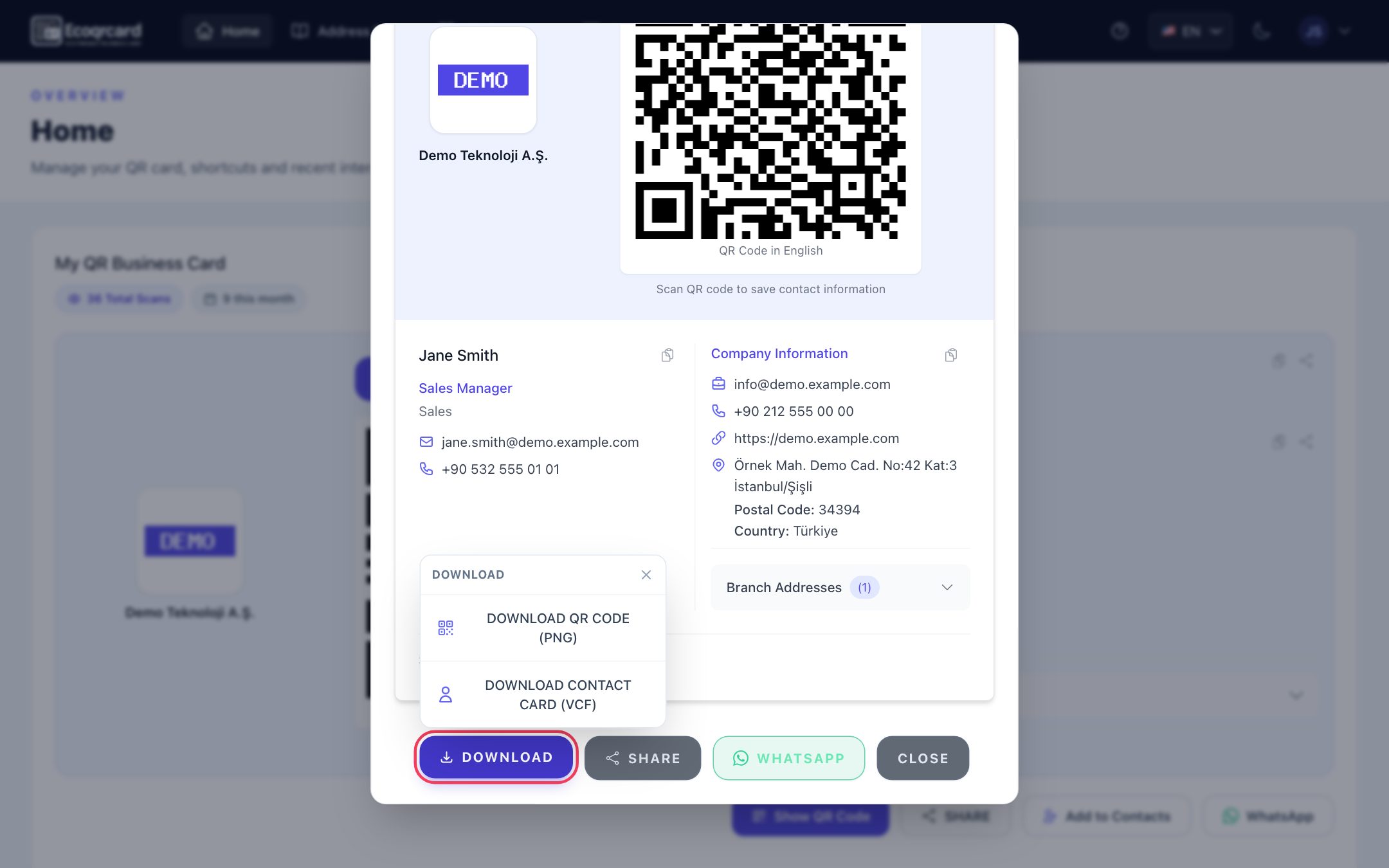 Show QR Code window on the Home page: the employee's QR code and details, the Download menu, and the SHARE and WhatsApp buttons