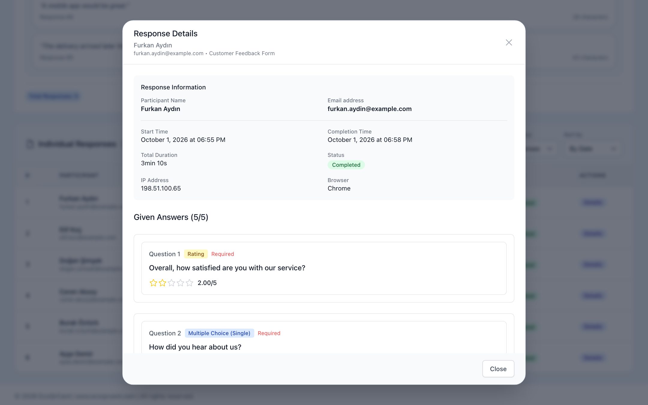 Response Details window: for an identified response, the participant's name and email, start and completion time, total time and the answers given