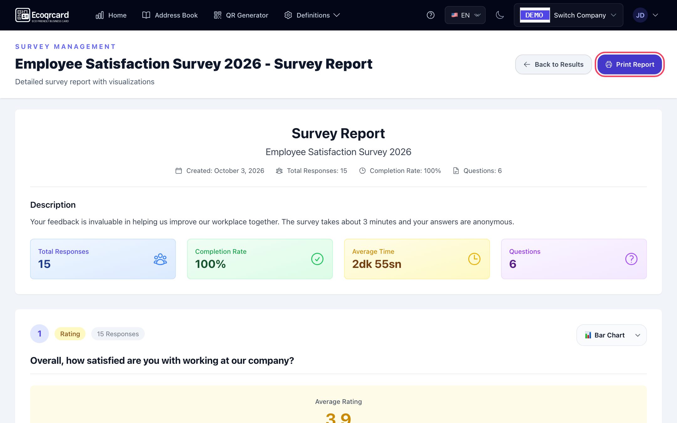 Survey Report page: survey summary and question charts, with the Print Report button at top right
