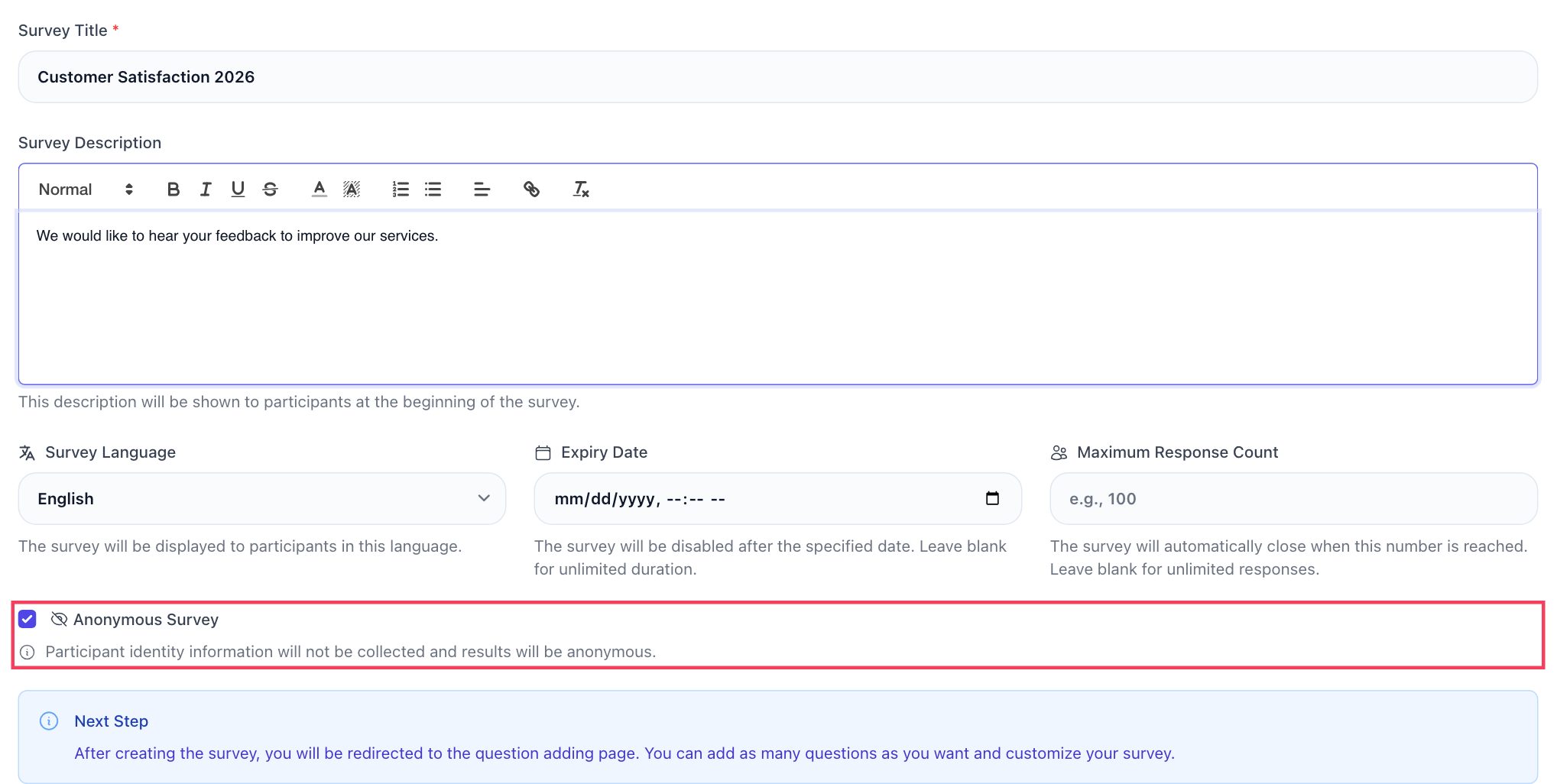 Create New Survey form: survey title and description filled in, Anonymous Survey ticked