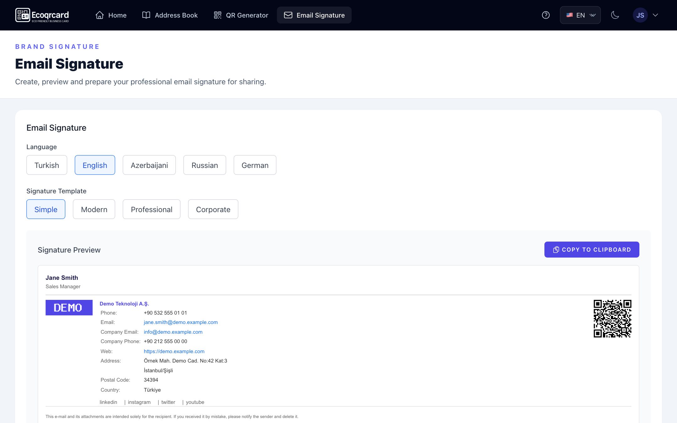 Email Signature page: Language and Signature Template selection, with the signature preview below