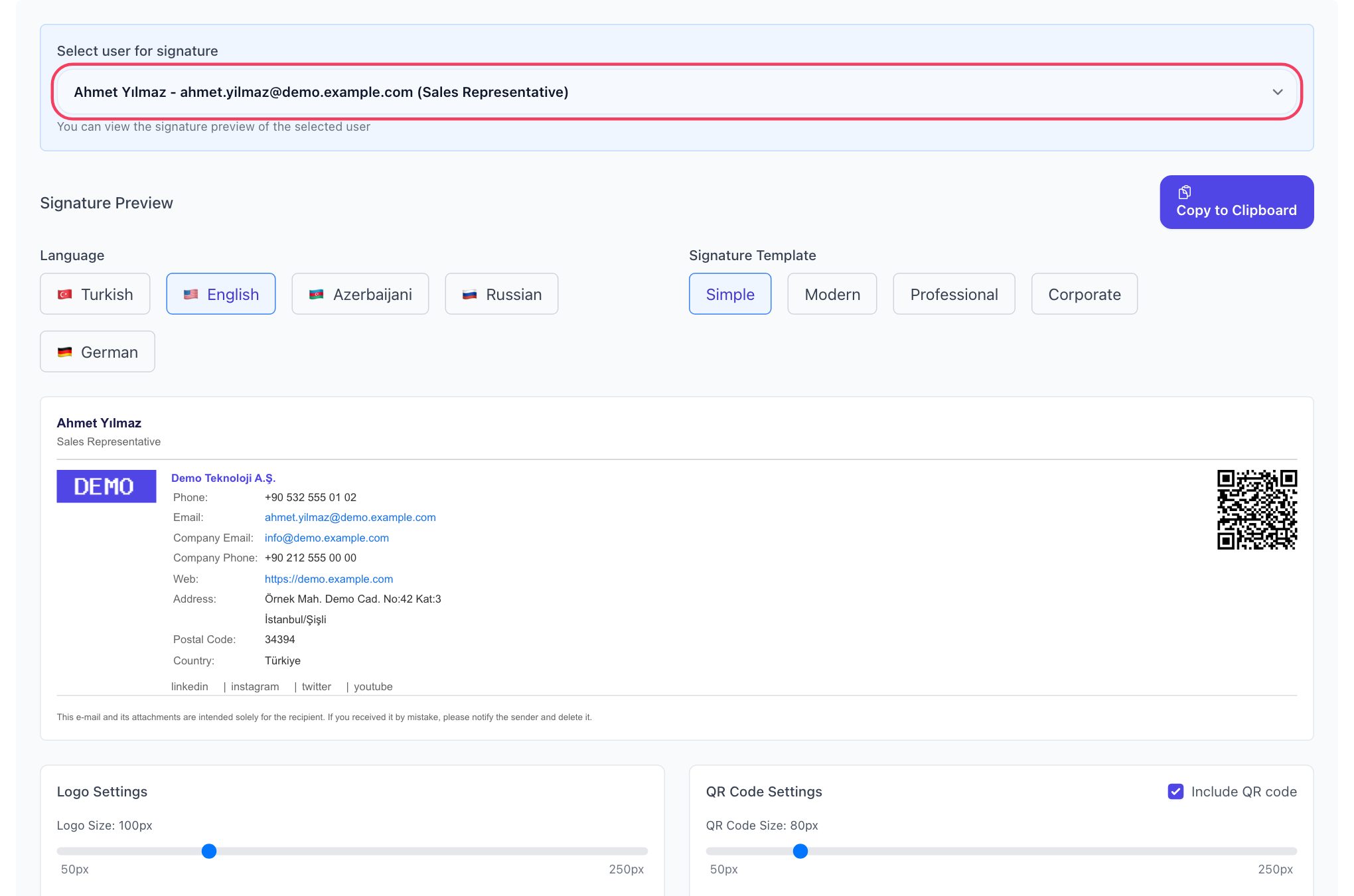 Company email signature settings: user selection for the preview, language and template buttons, signature preview with logo and QR code