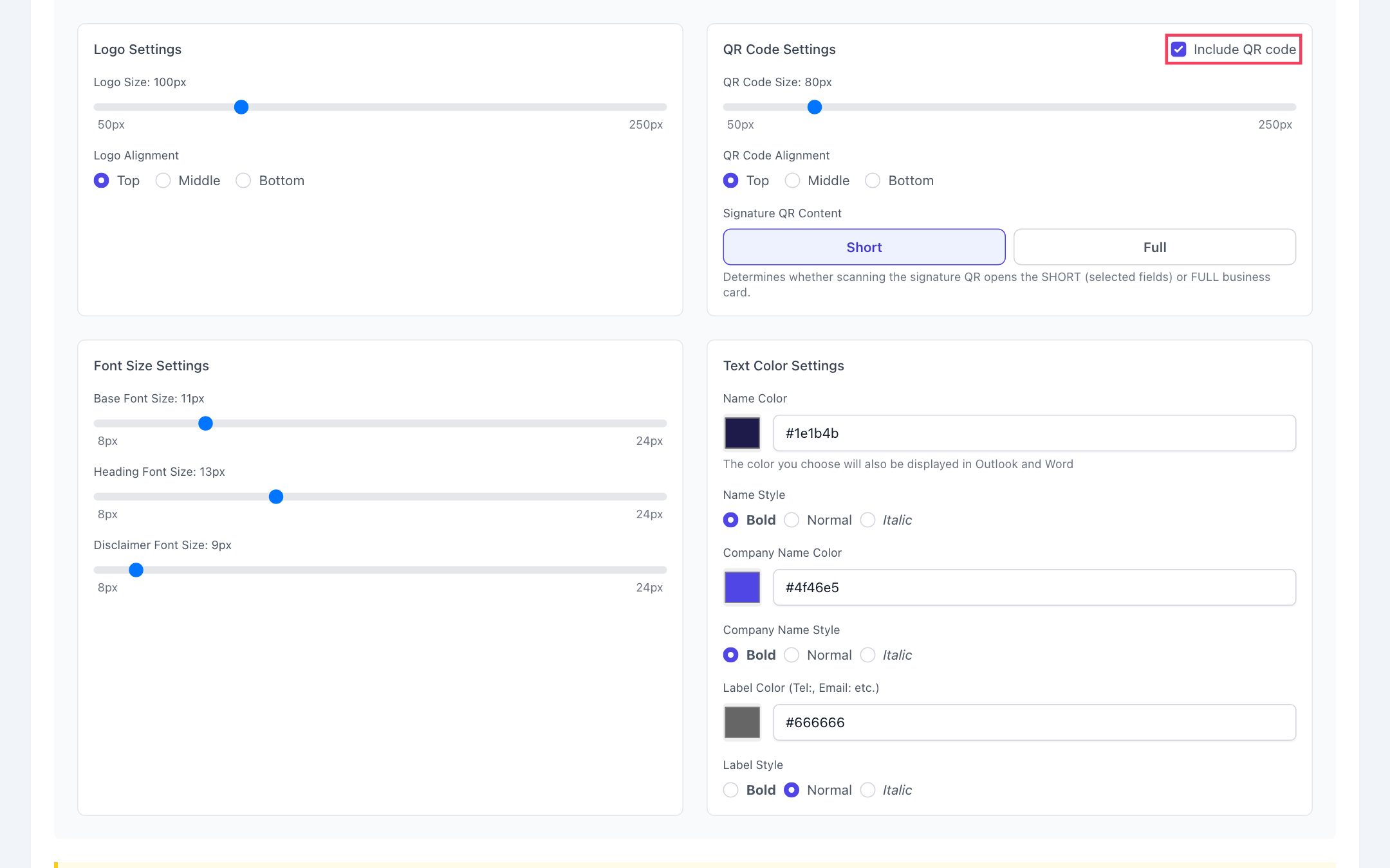 Appearance settings: logo and QR code size and alignment, signature QR content (Short/Full), font sizes and text colors