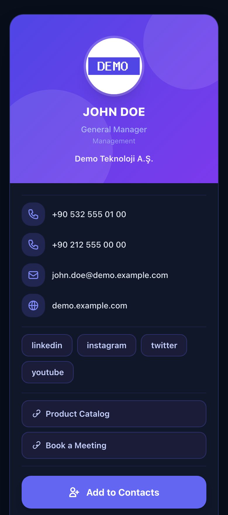 Business card page of demo employee John Doe