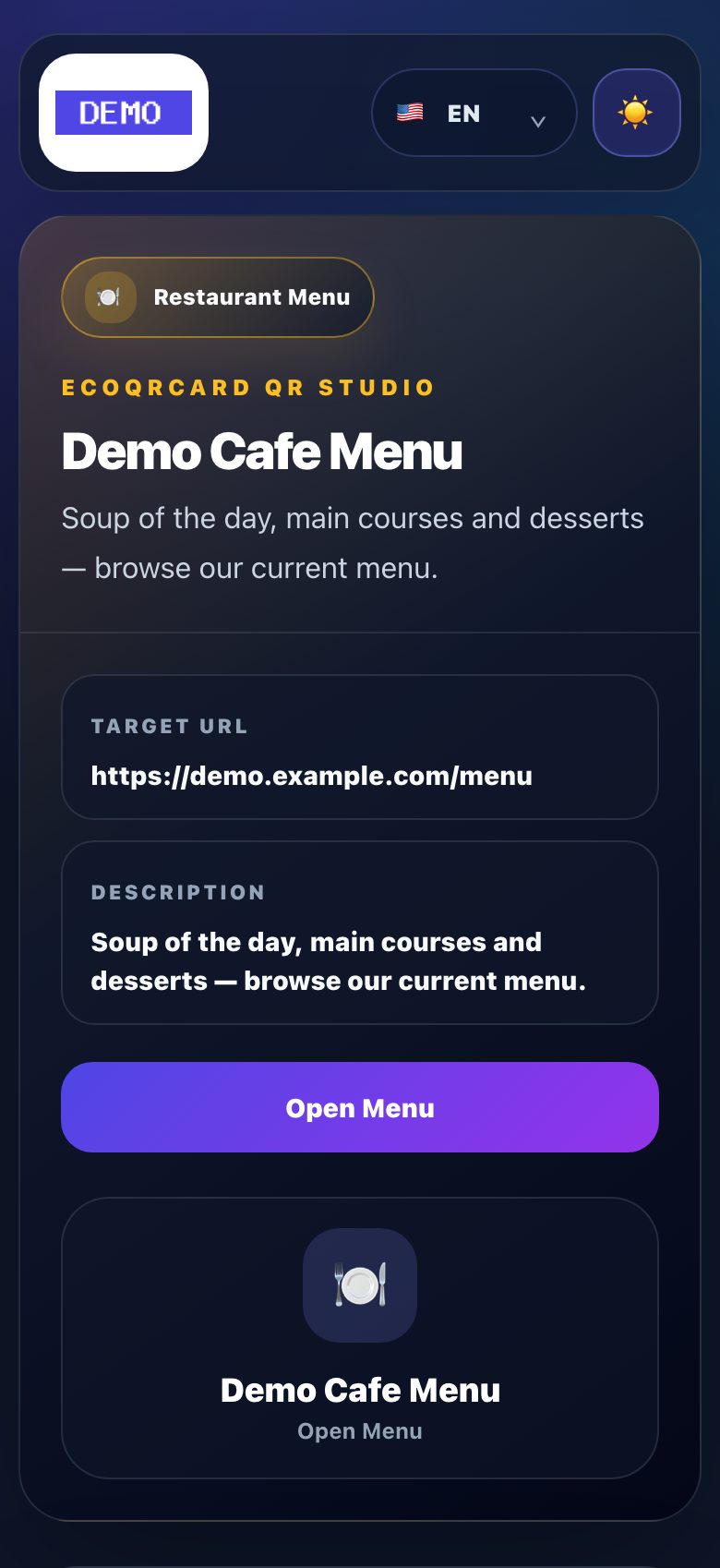 Restaurant menu QR page