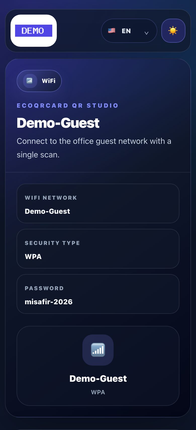 Wi-Fi QR page: network name, security type and password