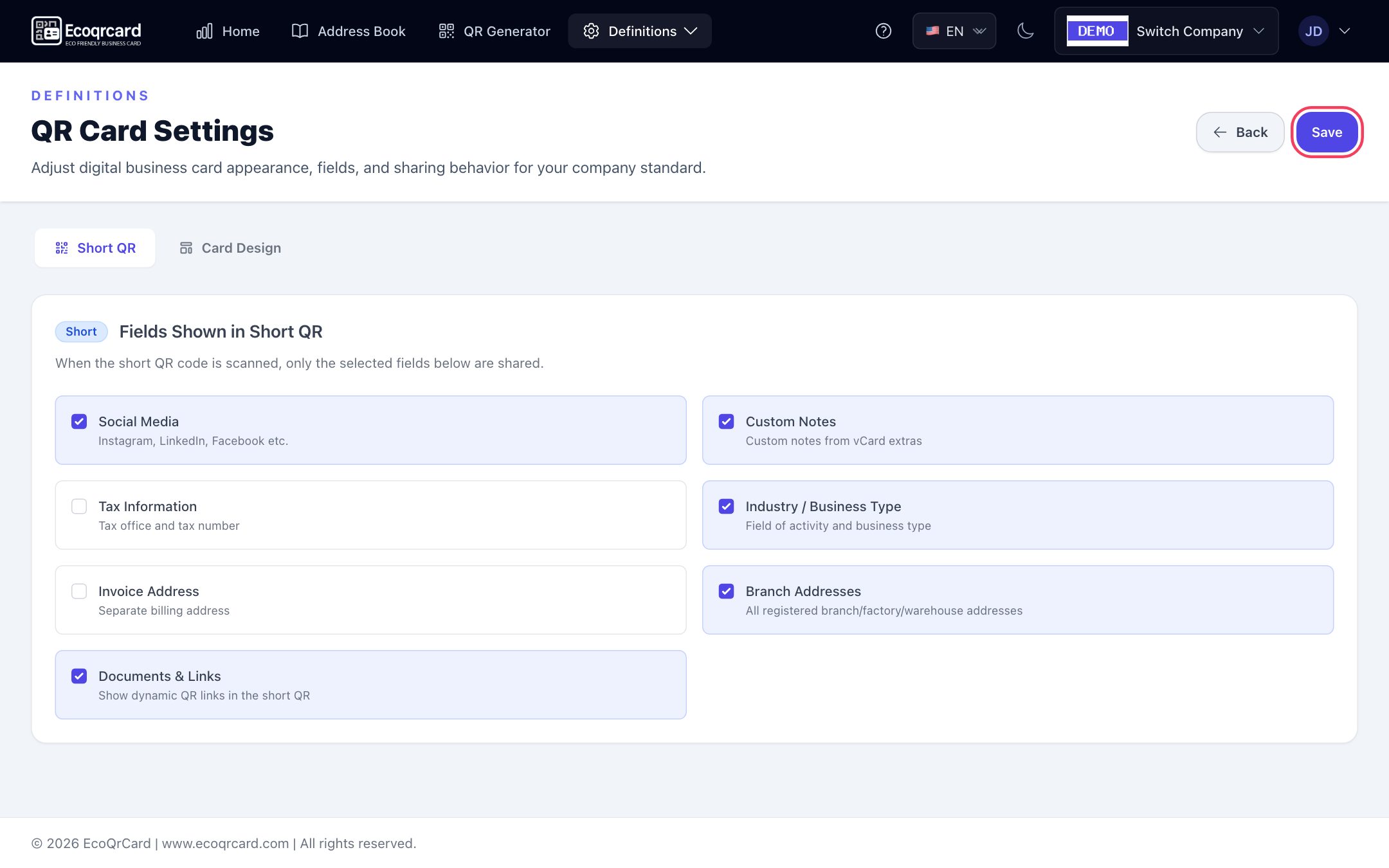 QR Card Settings, Short QR tab: list of fields to show on the short code and the Save button