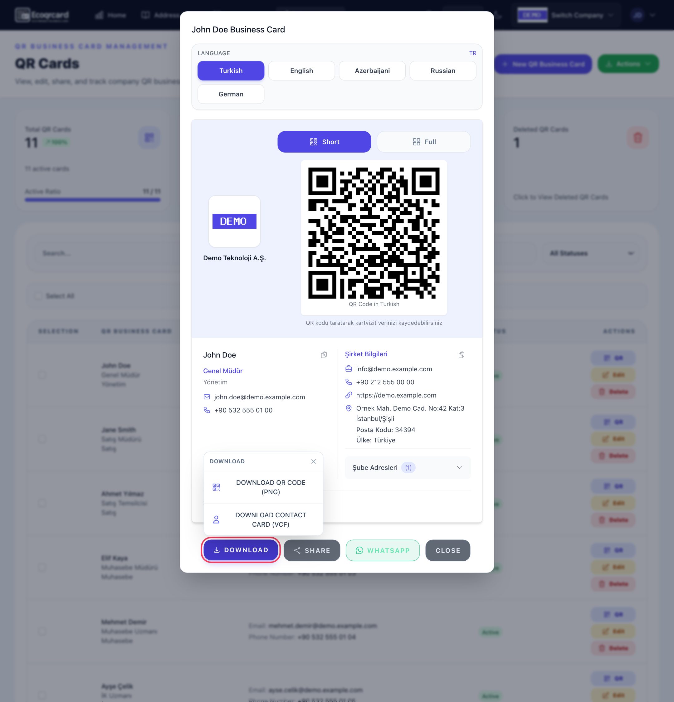 QR business card preview window: language selection, Short and Full tabs, and the open Download menu with PNG and VCF options