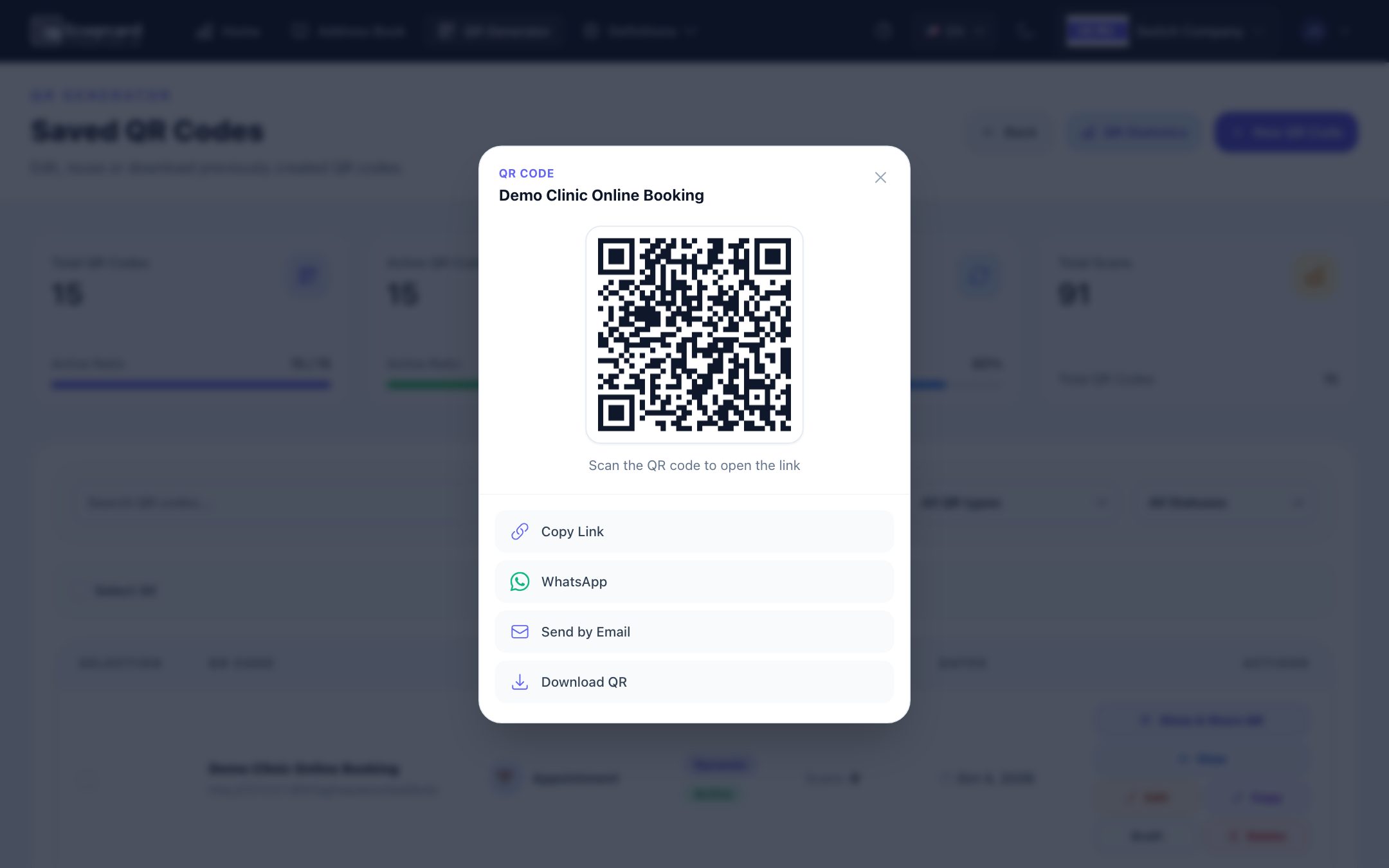 Show & Share QR window: QR image, Copy Link, WhatsApp, Send by Email and Download QR options