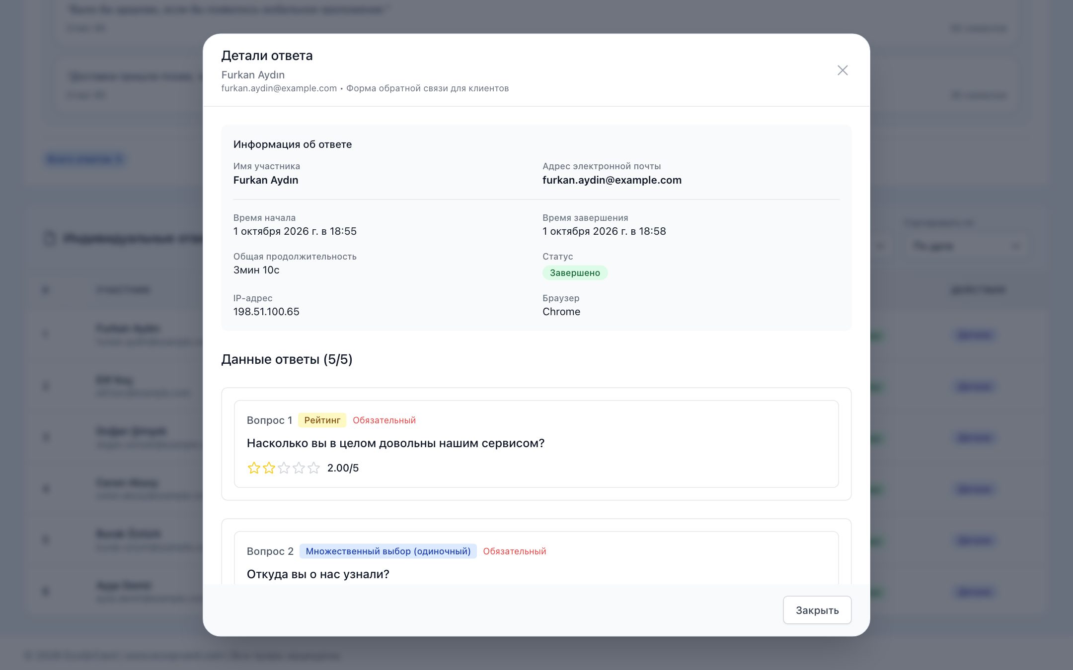 Окно «Детали ответа»: в идентифицированном ответе — имя и e-mail участника, время начала и завершения, общая длительность и данные ответы
