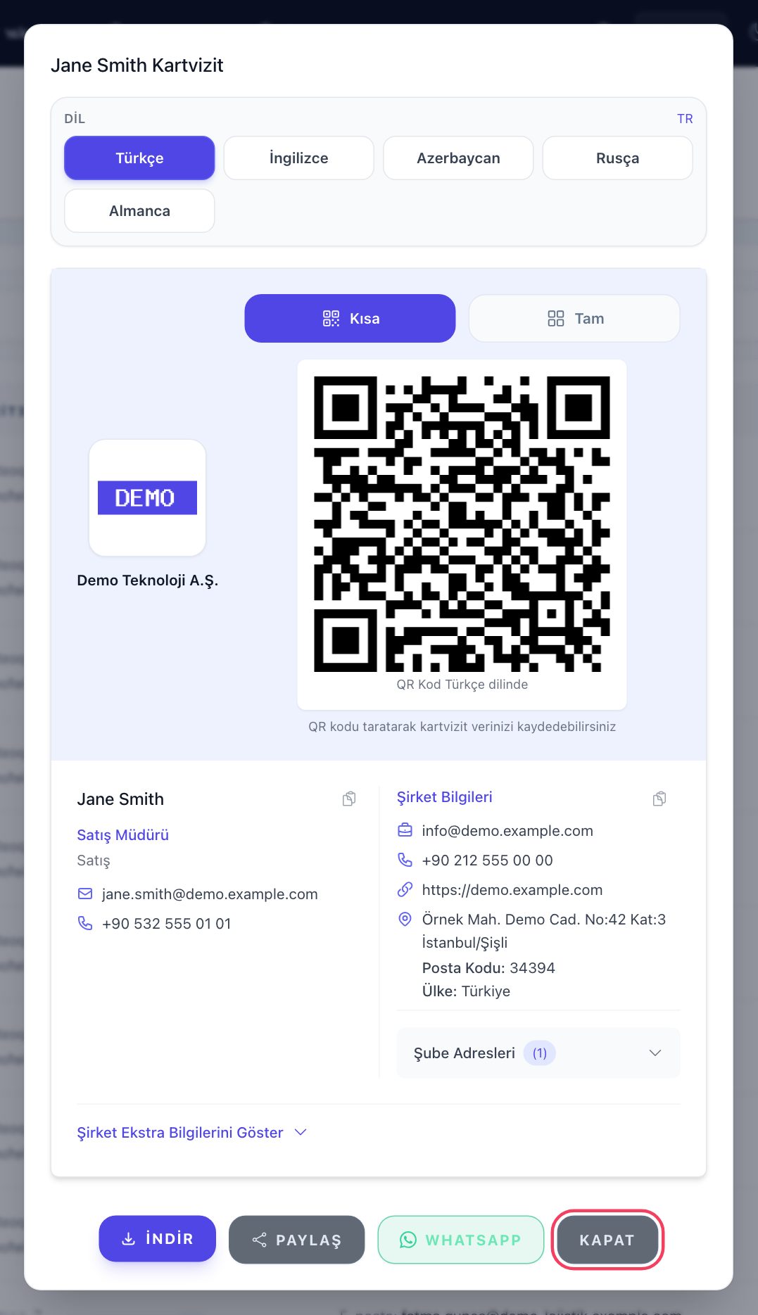 Adres defterinde açılan kartvizit penceresi: dil seçimi, Kısa/Tam düğmeleri, QR kod, kişi ve şirket bilgileri, İndir, PAYLAŞ ve WhatsApp butonları