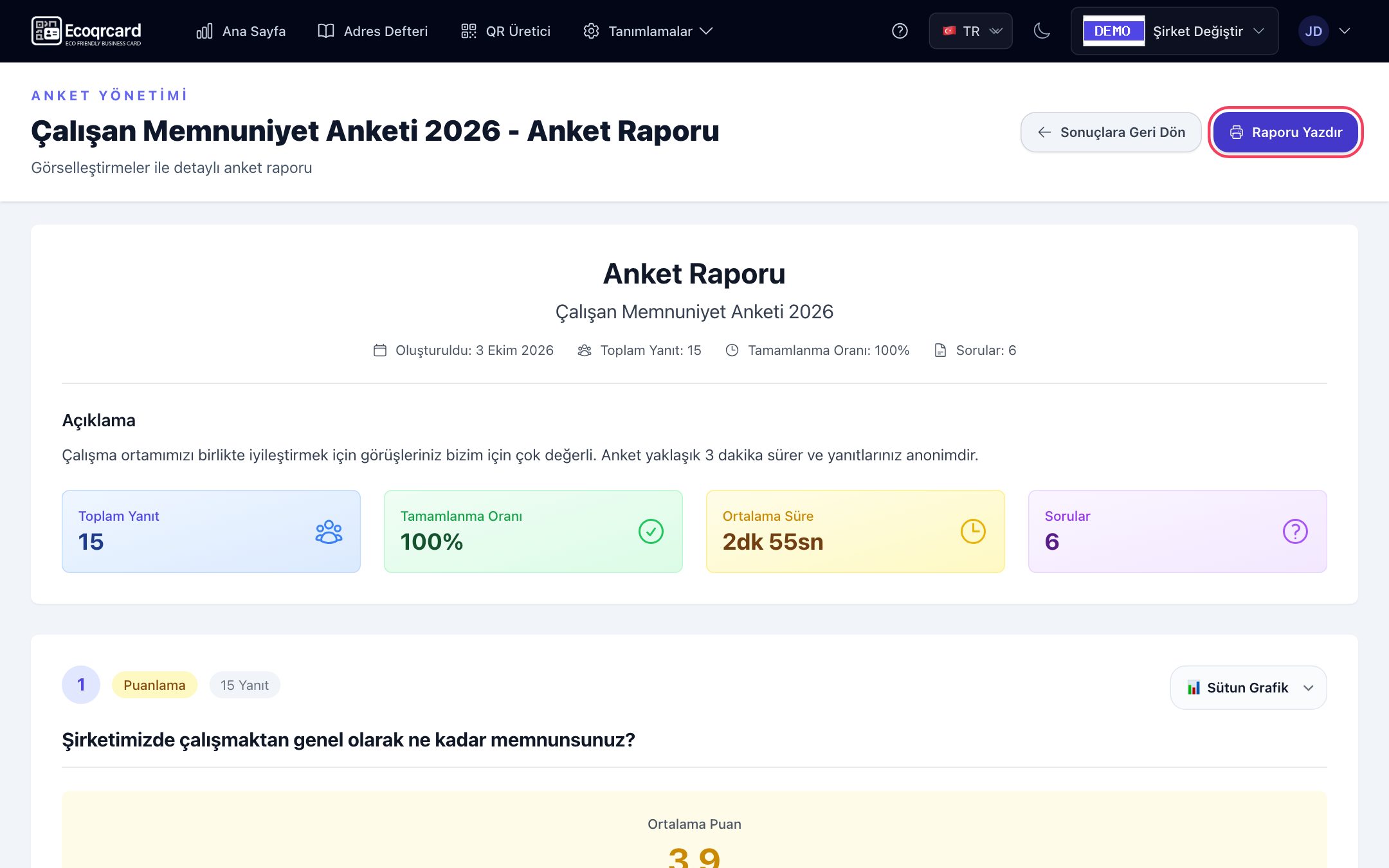 Anket Raporu sayfası: anket özeti ve soruların grafikleri, sağ üstte Raporu Yazdır butonu