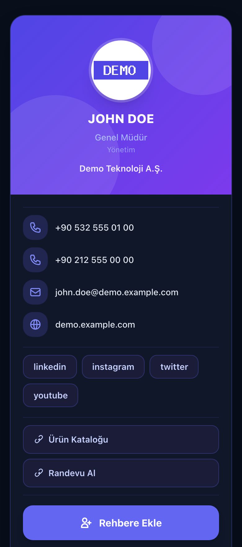 Demo çalışan John Doe'nun kartvizit sayfası
