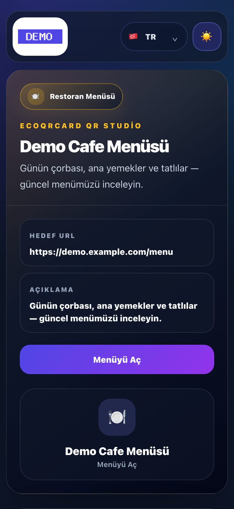 Restoran menüsü QR sayfası