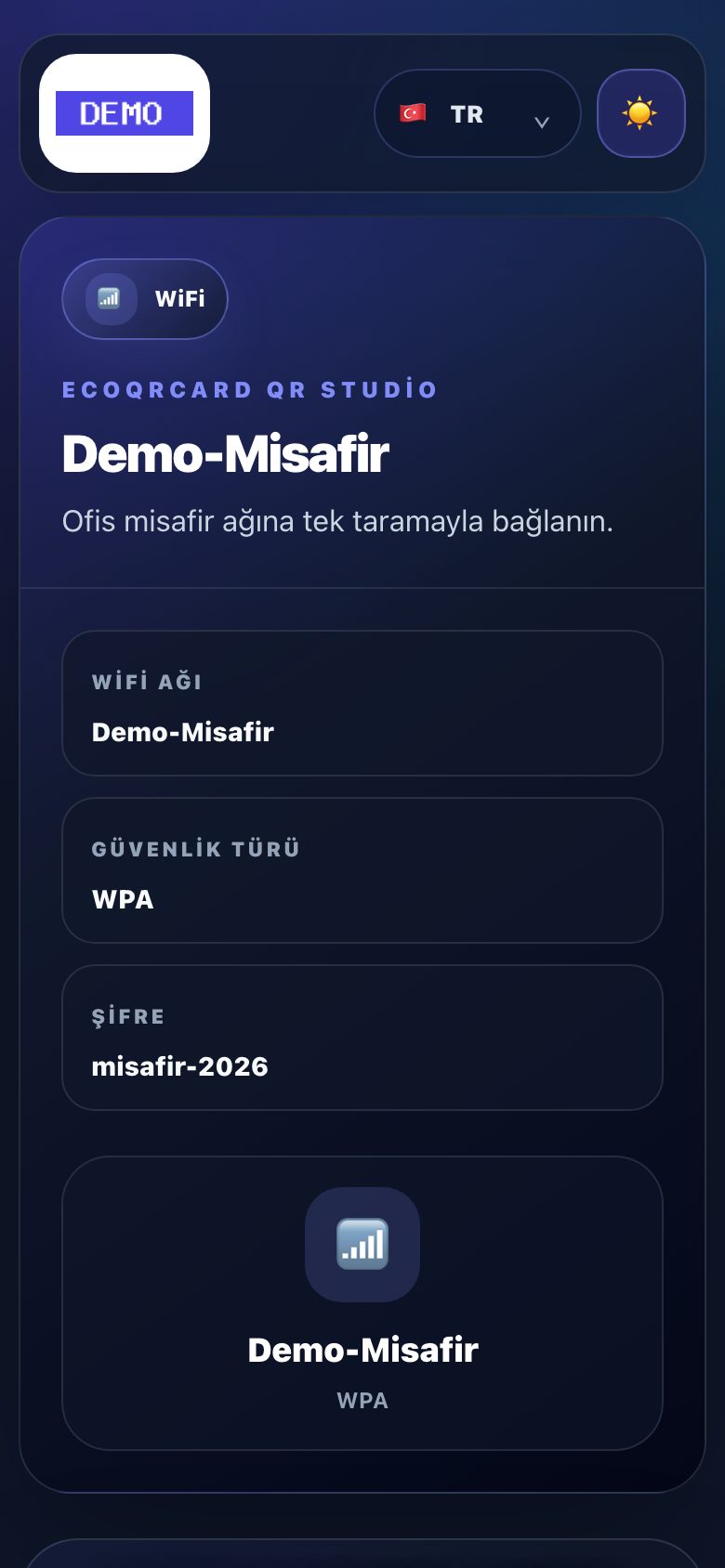 Wi-Fi QR sayfası: ağ adı, güvenlik türü ve şifre